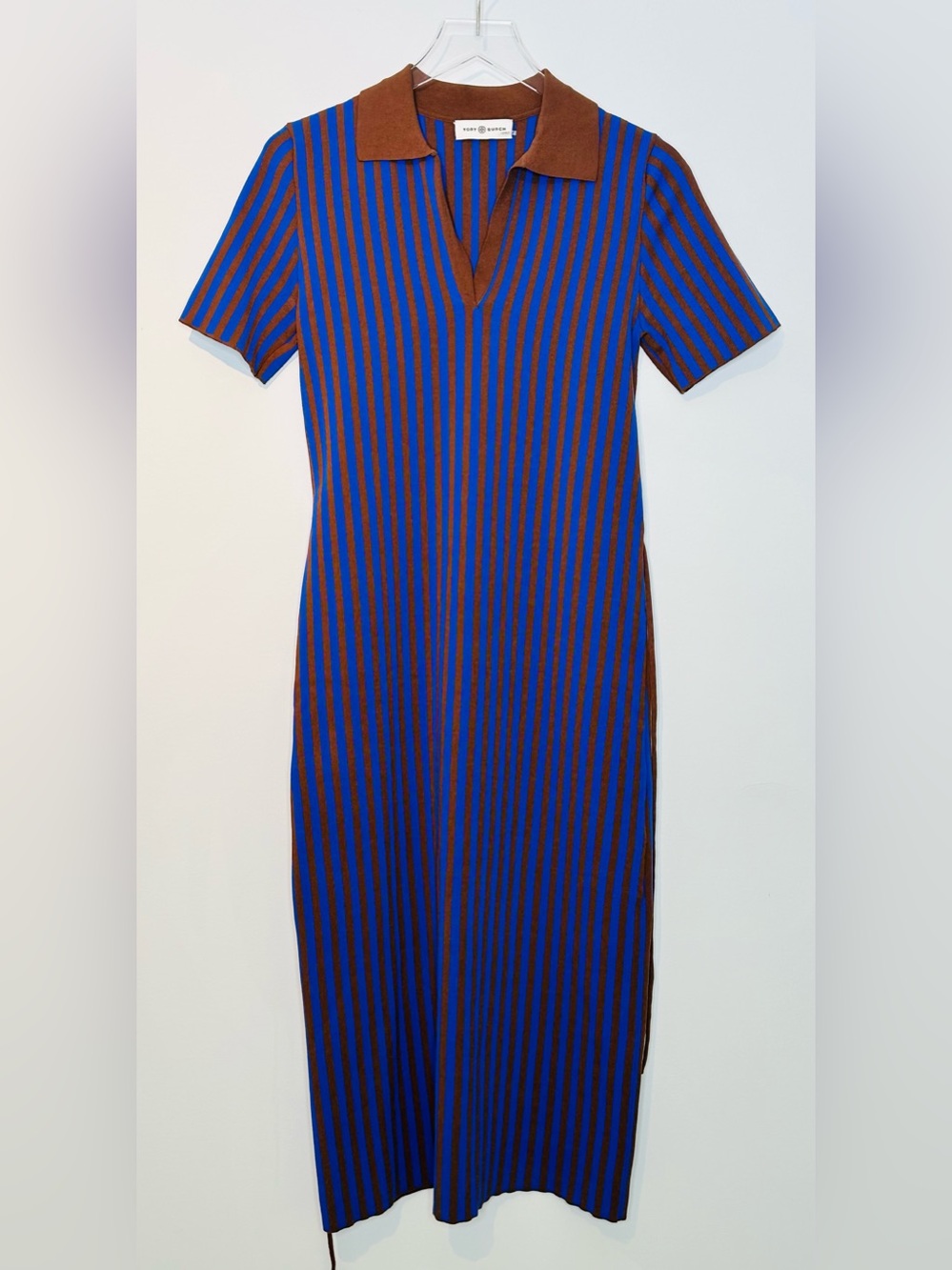 Tory Burch Chocolate Brown Soufflé Electric Blue Ink Striped Polo Midi Dress - Picture 2 of 15